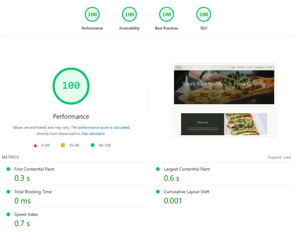 PageSpeed Insights results for Amie Beamish Catering
