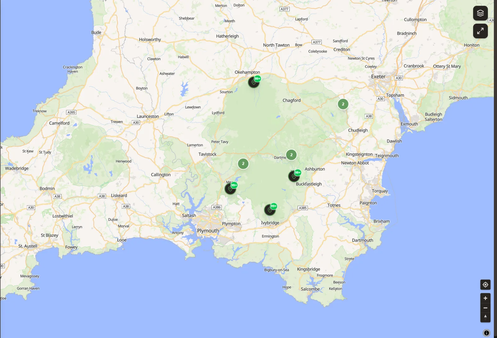 The detection map: ten recording sites clustered across Dartmoor, sized by detection count